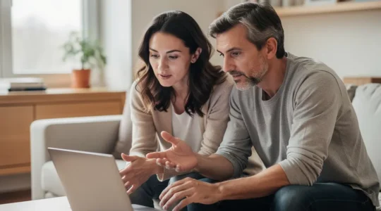 Couple trentenaire consultant un comparatif de prêt immobilier sur ordinateur