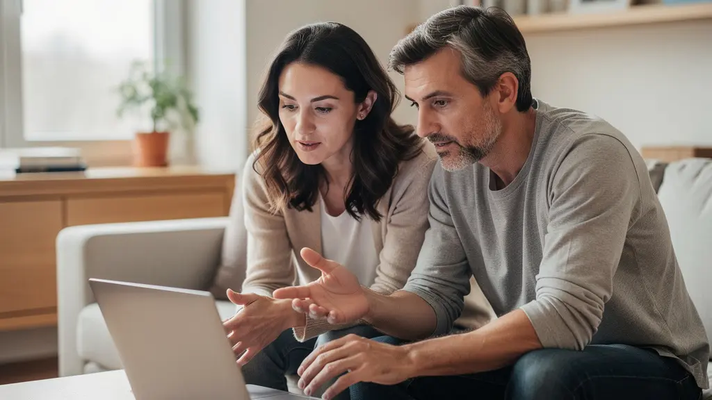 Couple trentenaire consultant un comparatif de prêt immobilier sur ordinateur