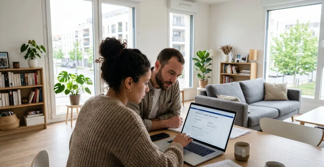 Un couple trentenaire consulte attentivement des documents de prêt immobilier sur un ordinateur portable dans un salon contemporain lumineux