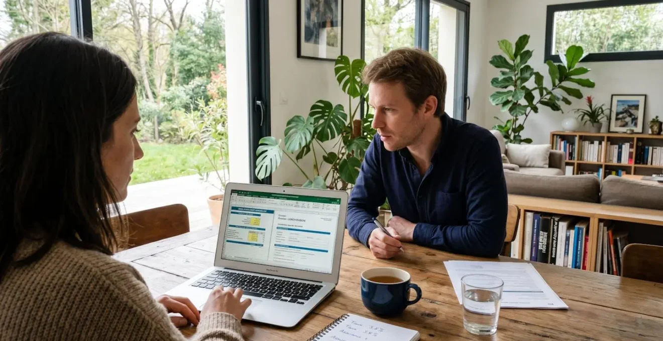 Un couple trentenaire consulte attentivement des documents de prêt immobilier sur un ordinateur portable dans un salon contemporain lumineux
