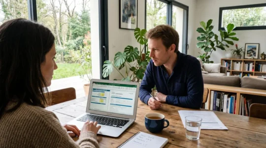 Un couple trentenaire consulte attentivement des documents de prêt immobilier sur un ordinateur portable dans un salon contemporain lumineux
