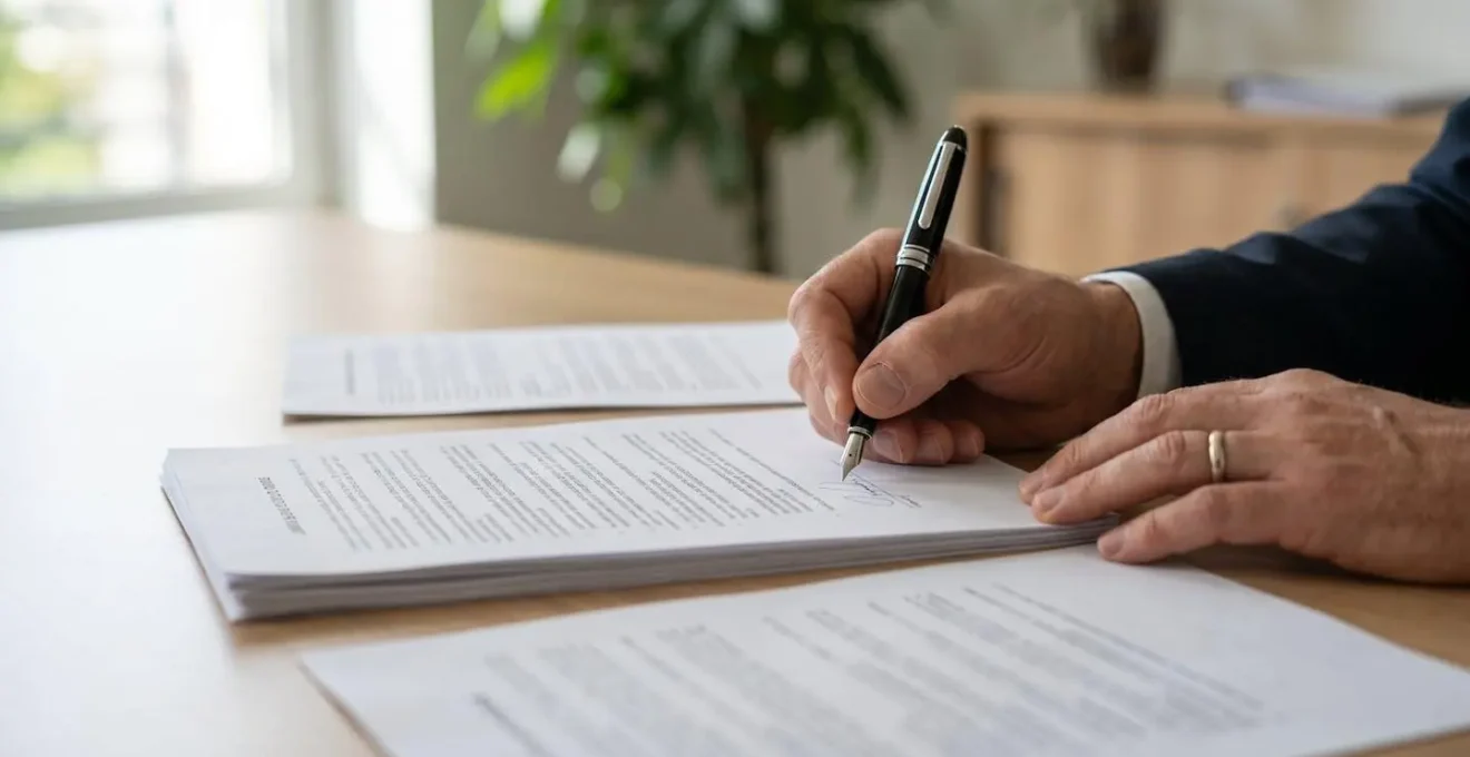 Gros plan sur des mains signant un contrat de prêt immobilier avec un stylo, documents légaux visibles mais texte flouté en arrière-plan