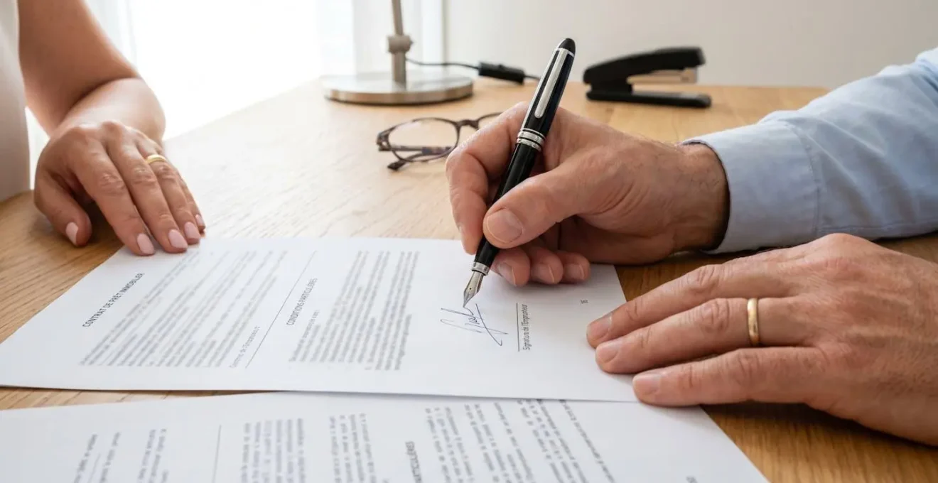 Gros plan sur des mains signant un contrat de prêt immobilier avec un stylo, documents légaux visibles mais texte flouté en arrière-plan