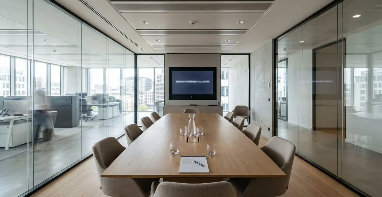 Salle de réunion bancaire vide et moderne avec grande table de conférence, architecture contemporaine française, lumière naturelle abondante