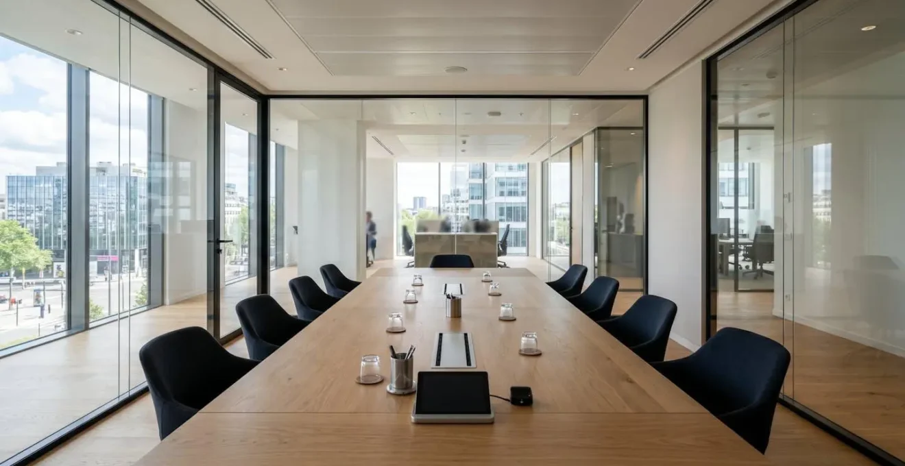 Salle de réunion bancaire vide et moderne avec grande table de conférence, architecture contemporaine française, lumière naturelle abondante