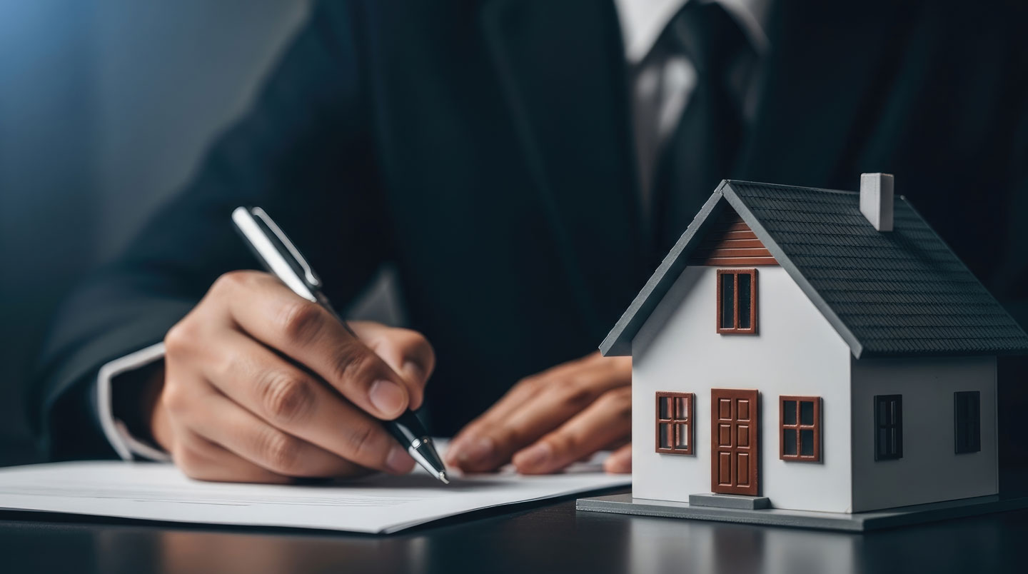 Mains d'une personne en train de signer un document de prêt immobilier sur un bureau en bois, stylo tenu fermement