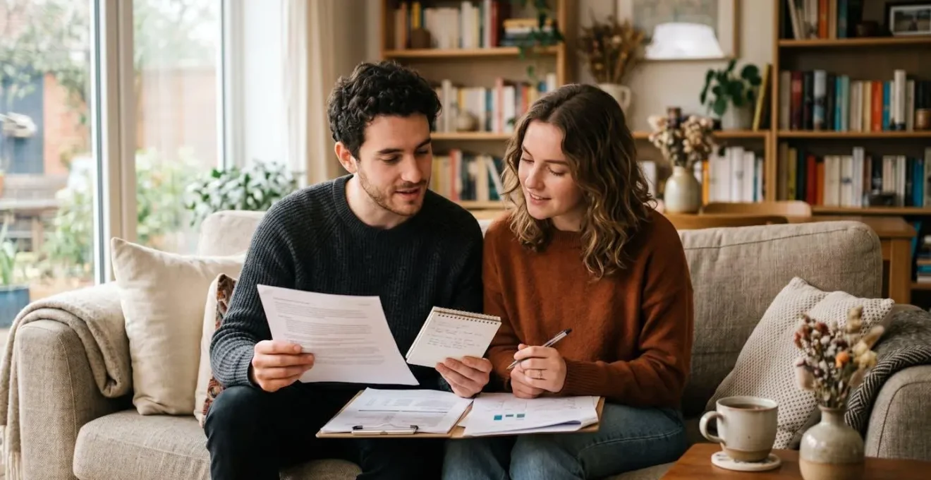 Couple de jeunes adultes consultant des documents financiers dans un salon lumineux, en train de planifier un projet immobilier
