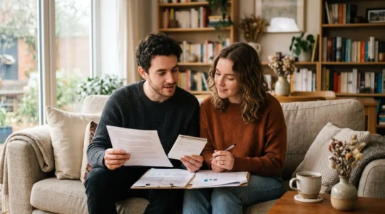 Couple de jeunes adultes consultant des documents financiers dans un salon lumineux, en train de planifier un projet immobilier