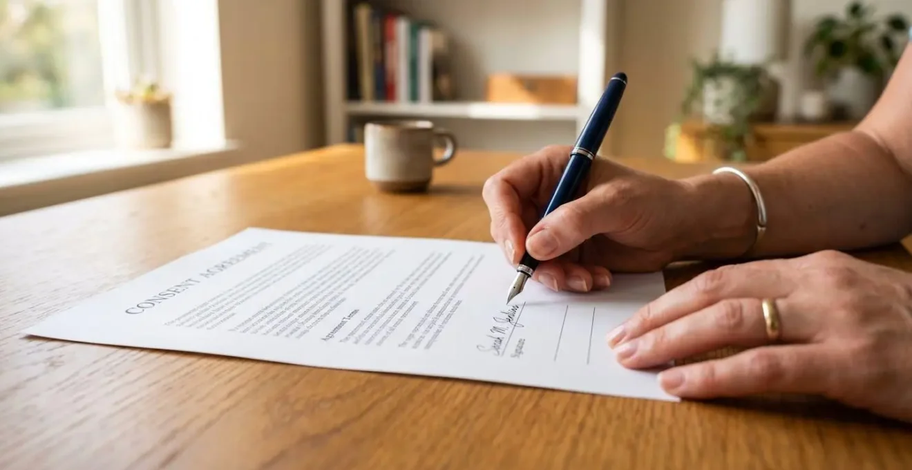 Mains d'une personne en train de signer un document de prêt immobilier sur un bureau en bois, stylo tenu fermement
