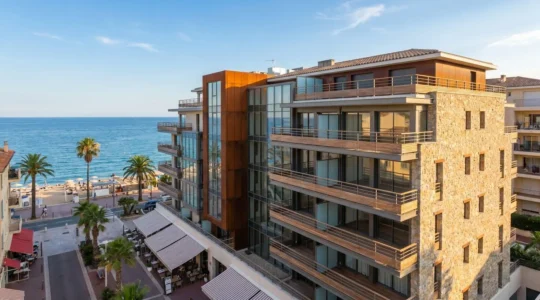 Complexe résidentiel moderne dans une ville côtière française avec appartements à balcons donnant sur la Méditerranée et infrastructures touristiques en arrière-plan