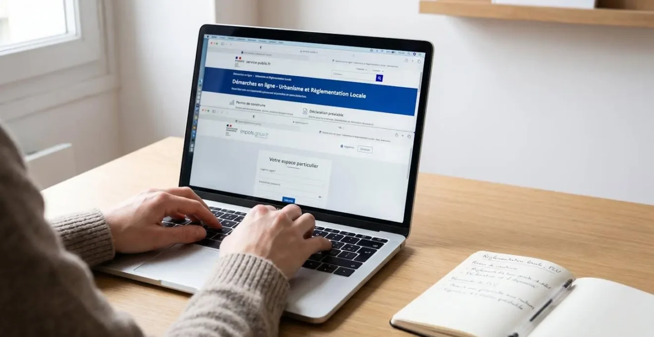 Consultation des sites officiels gouvernementaux français sur ordinateur portable pour vérifier la réglementation municipale et les obligations fiscales