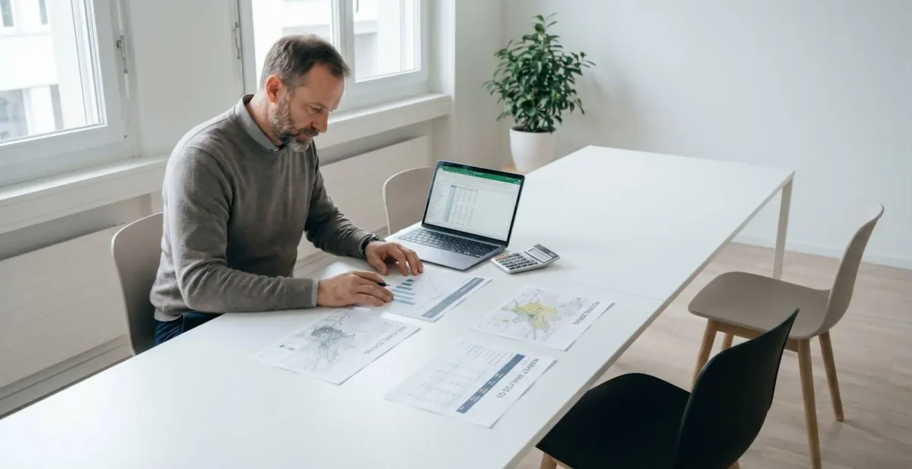 Professionnel de l'immobilier analysant des documents de comparaison de zones sur un bureau d'agence moderne avec cartes régionales et statistiques