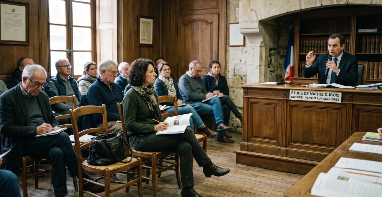 Un acquéreur assis dans une salle d'enchères notariale écoute l'adjudication en cours.