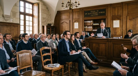 Un acquéreur assis dans une salle d'enchères notariale écoute l'adjudication en cours.