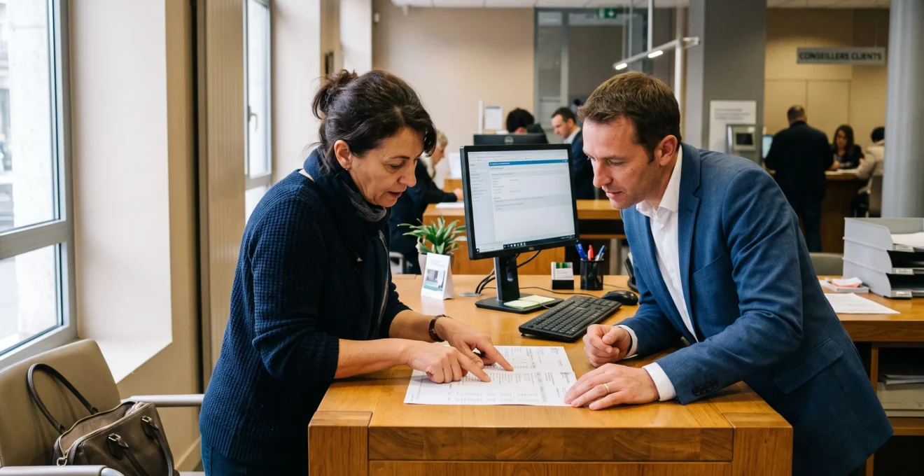 Un client vérifie un relevé d'épargne avec son conseiller au guichet de la banque.